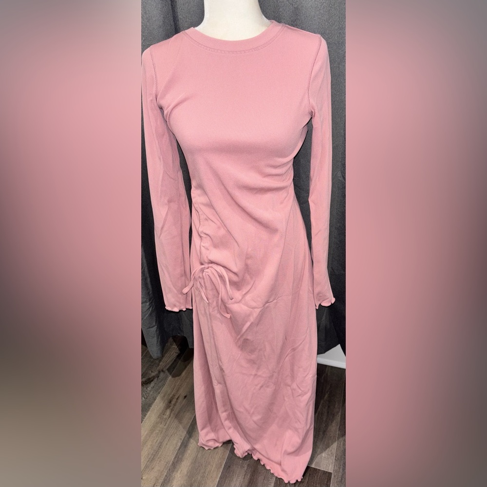 NWT HALARA Long Sleeve Ruched Maxi Dress in Dusty Rose Small Stretch Casual